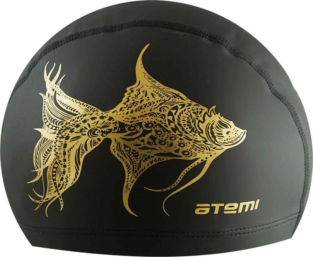 Реальное фото Шапочка для плавания Atemi ткань с ПУ покрытием PU 302 чёрн.,принт от магазина СпортСЕ